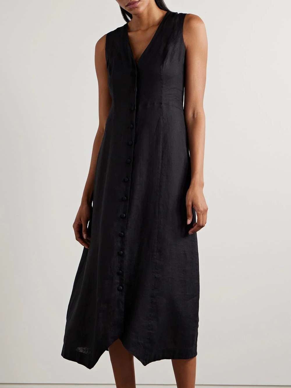 Dôen Sleeveless Linen Black Button-Front Midi Dress